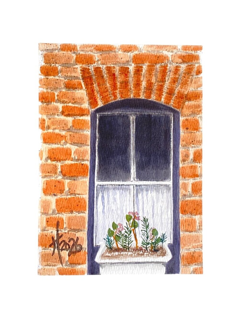Window in a Brick Wall Original Art Watercolor Painting on Paper 5x7in